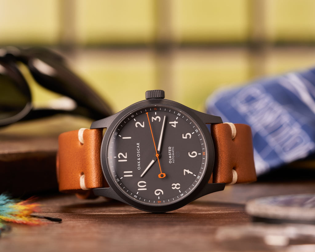 The Olmsted Matte black designer watch by Oak & Oscar Chicago watch makers